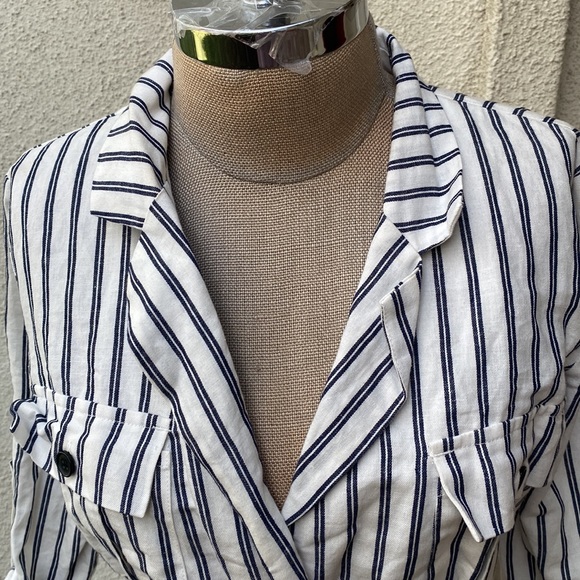 MAJORELLE 100% linen stunning blue and white Yuma striped wrap around dress - Picture 9 of 15